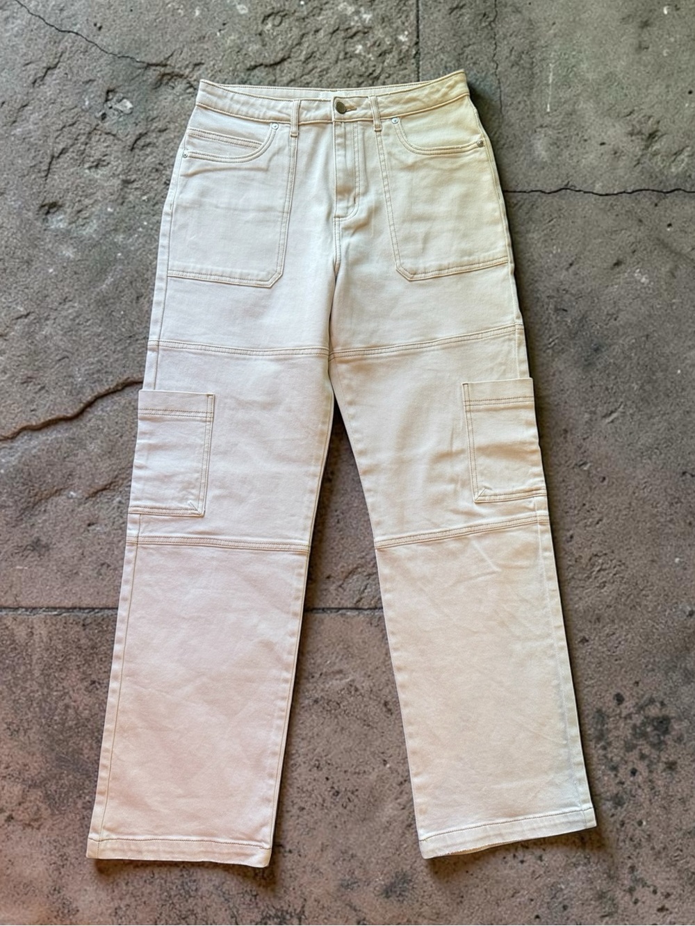 Avec Les Filles Ivory High Waisted Wide Leg Cargo Jeans Waist 29